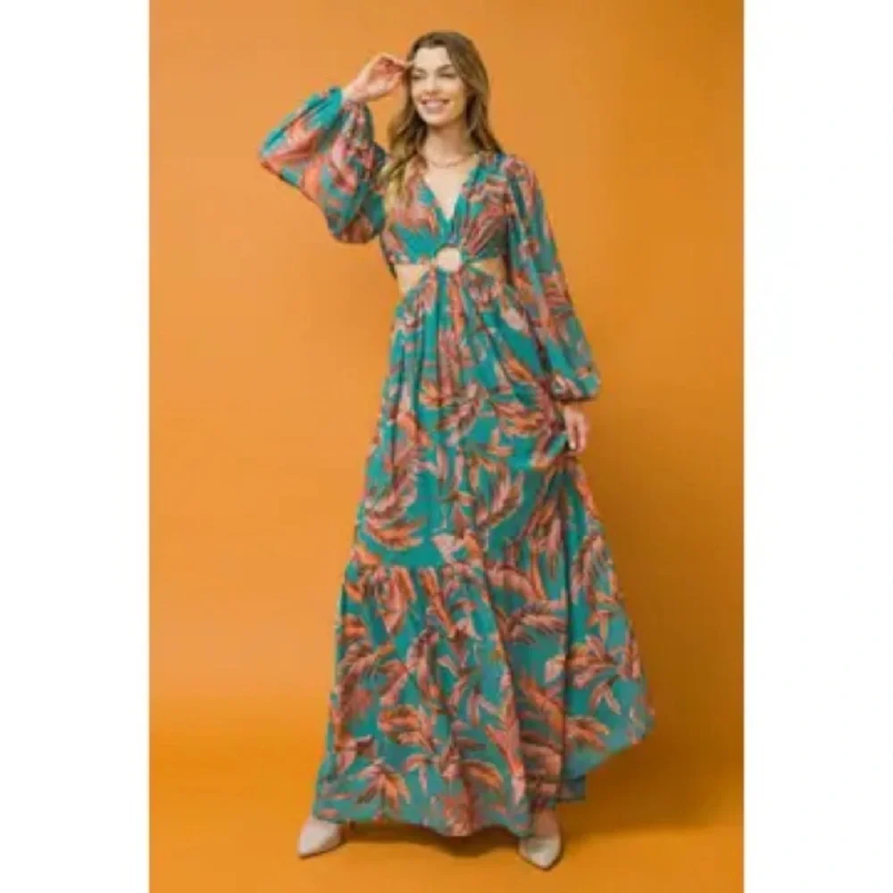 Blue and Pink Maxi Sundress with Plunge Neckline - Picture 2 of 2